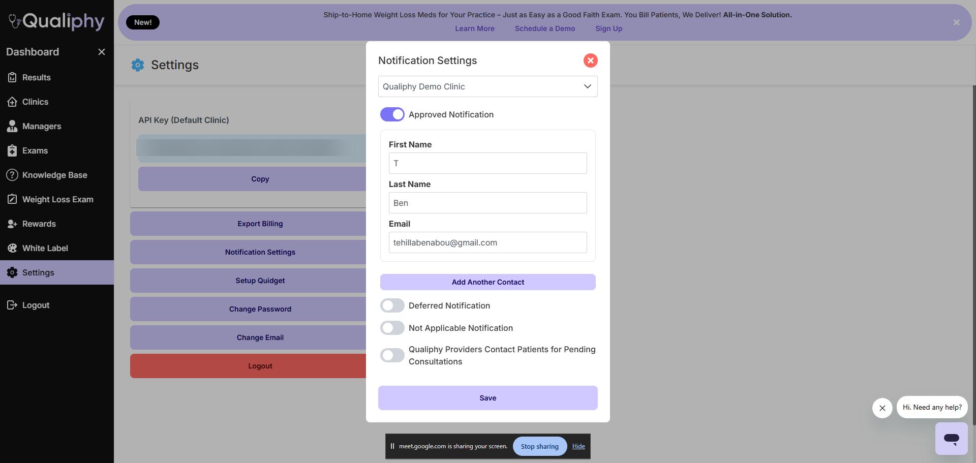 Qualiphy portal Notification Settings panel showing Approved Notification, Deferred Notification, Not Applicable Notification, and Qualiphy Providers Contact Patients toggles